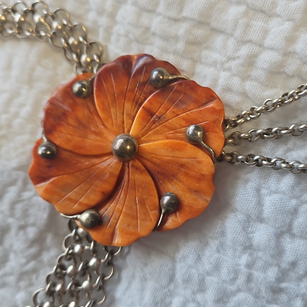 925 Solid Silver Orange Stone Flower Chocker - image 2
